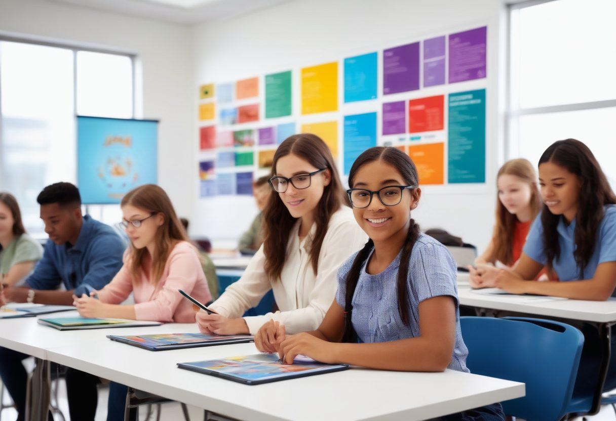 A diverse group of students engaged in a vibrant classroom filled with modern technology and interactive learning tools. In the background, innovative educational posters showcase various academic programs. The scene reflects collaboration, enthusiasm, and creativity with bright colors and an inspiring atmosphere. super-realistic. vibrant colors. white background.