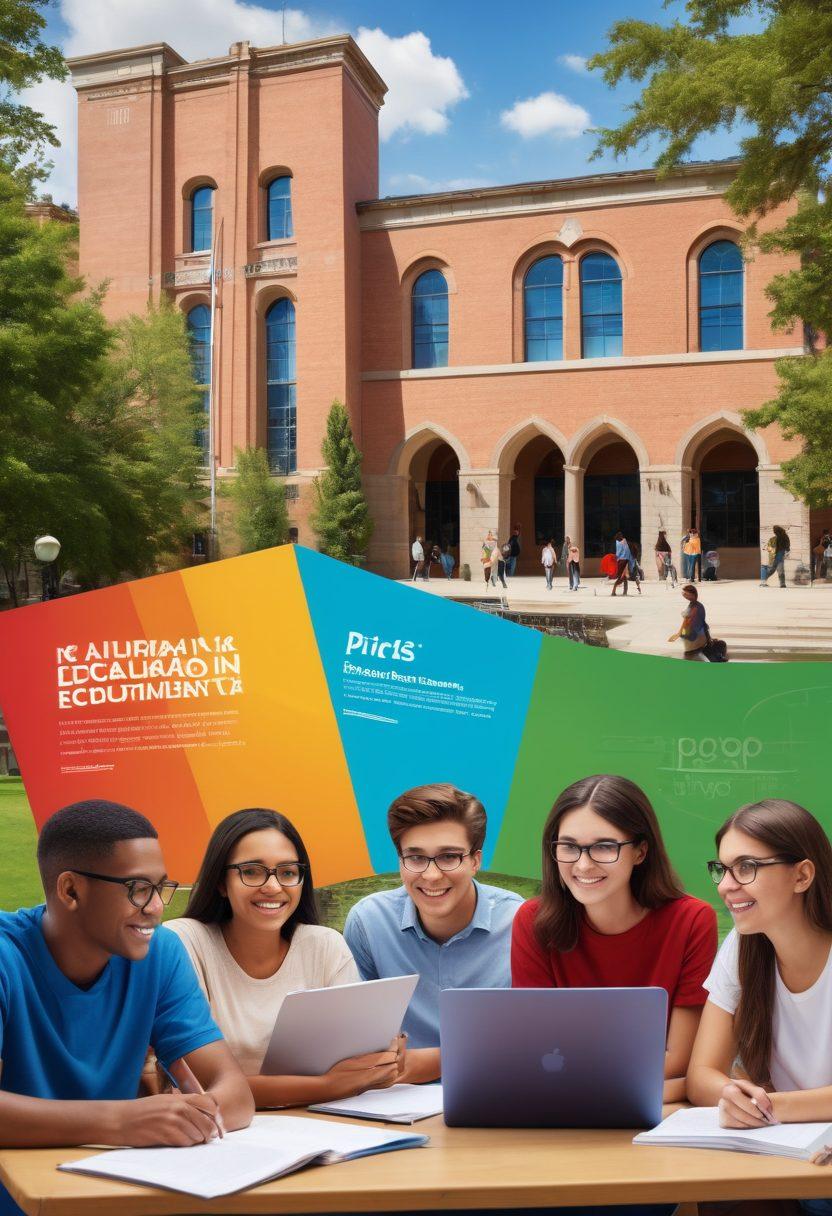 A diverse group of students engaged in the enrollment process, studying important documents like college brochures and laptops showing online applications. In the background, a welcoming university campus with banners advertising higher education opportunities. The scene is filled with vibrant colors, lively expressions, and an atmosphere of collaboration. super-realistic. vibrant colors. educational theme.