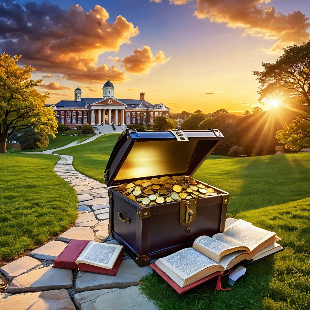 An opened treasure chest overflowing with gold coins and books, symbolizing the wealth of knowledge from scholarships. A winding path leads through a lush landscape of academic buildings and graduation caps floating in the sky. In the background, a glowing sunrise represents new opportunities on the horizon. super-realistic. vibrant colors. educational theme.